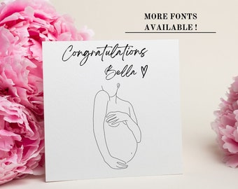 Personalized New Baby Shower Card, Minimal Pregnant Woman Congratulations Card, One Line Art Mommy to be Card