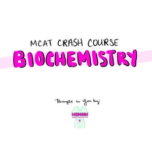 Op de afbeelding: Een roze en witte afbeelding met de tekst "MCAT Crash Course Biochemistry" in vetgedrukte roze letters. Onder de tekst staat een logo voor "Medisin" met de tekst "Leading in Scrubs in Style" in witte letters op een lichtgroene achtergrond.