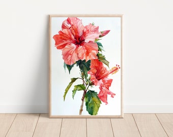 Hibiskus Aquarell Kunstdruck, tropisches Blumenwanddekor