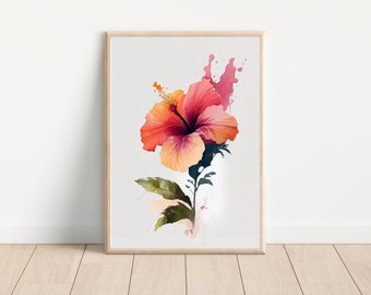 Hibiskus Aquarell Kunstdruck, tropisches Blumenwanddekor