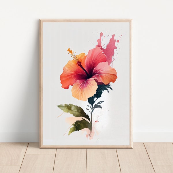 Aquarelle d'hibiscus, oeuvre tropicale, art de l'île, aquarelle de fleur, aquarelle végétale, art minimaliste, art bohème, oeuvre d'Hawaï