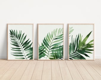 Watercolor Palm Leaves 3 Print Set, Botanical Art Print, Tropical Artwork, Watercolor Plant, Palm Frond Art, Boho Art Print, Triptych Art
