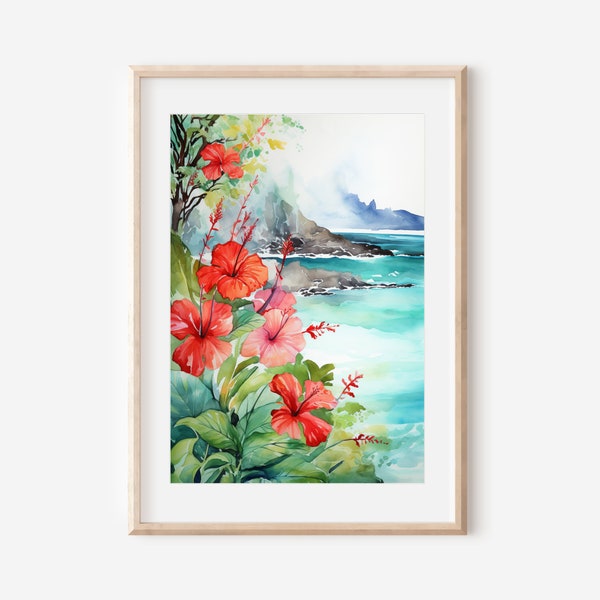 Aquarelle d'hibiscus hawaïen : peinture florale de l'île, art de fleurs tropicales, décoration murale botanique exotique, impression inspirée de la nature