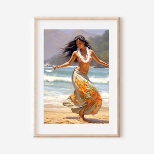 Beautiful Hula Dancer on Beach, Hawaiian Hula Art on Thick Matte Paper