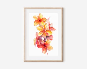 May include: Watercolor painting of a cluster of orange and yellow plumeria flowers with pink accents. The flowers are arranged in a vertical composition on a white background.