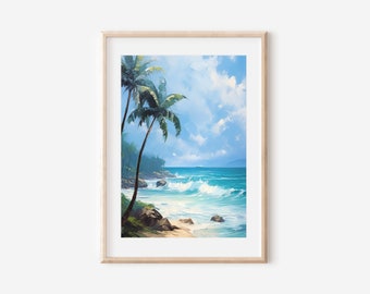 Tropical Beach Oil Painting Print, Palm Tree Seascape, Hawaii Art