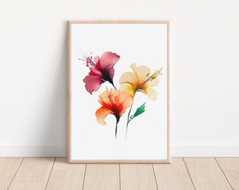 Impressão artística em aquarela de flor de hibisco, decoração de parede floral tropical