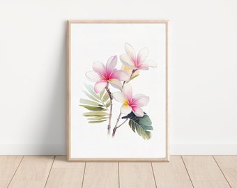 May include: Watercolor painting of pink and white plumeria flowers with green leaves on a white background.