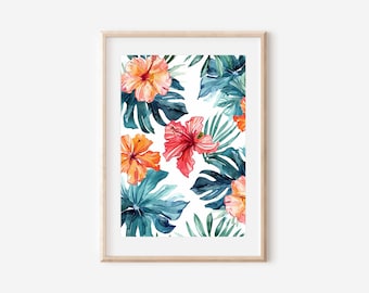 Hibiskus akvarelltryck, tropisk hawaiisk blomkonst