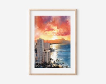 Honolulu Original Watercolor Print on Thick Matte Paper, Hawaii Gift Ideas