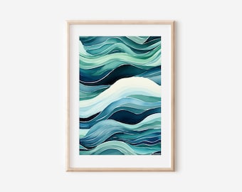May include: Abstract watercolor painting of layered, flowing waves in shades of blue and green. The waves create a sense of movement and depth.
