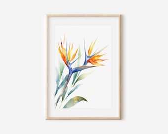 May include: Watercolor painting of a bird of paradise flower with orange, yellow, and blue petals. The flower is depicted with green leaves on a white background.