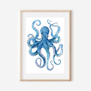 Oktopus-Aquarelldruck, Tierkunstwerk, minimalistische Kunst, Kinderzimmerkunst, Badezimmerkunstwerk, Aquarelltier, Küstenkunstwerk, Oktopus-Dekor