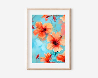 Lámina artística de flor de hibisco vibrante – Decoración botánica tropical