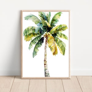 Op de afbeelding: Waterverf schilderij van een palmboom met groene en gele bladeren op een witte achtergrond.
