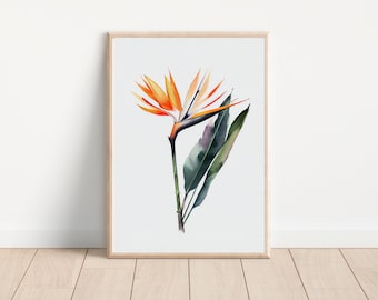 Tropical Bird of Paradise Watercolor Art Print, Island Decor