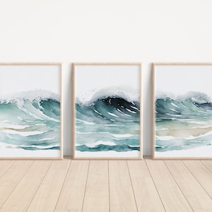 Original Watercolor Wave 3 Print Set, Nautical Artwork, Coastal Artwork, Watercolor Ocean, Ocean Wave Wall Art, Boho Art Print, Triptych Art