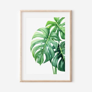 May include: A framed watercolor painting of green monstera leaves on a white background.