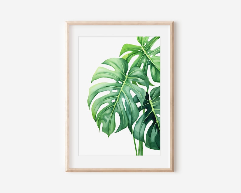 May include: A framed watercolour painting of green monstera leaves on a white background.
