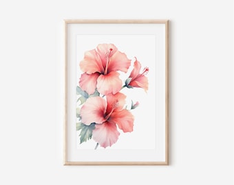 Lámina artística original de acuarela de flor de hibisco, decoración floral tropical para pared.