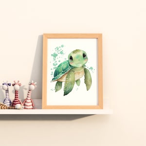 Acuarela vivero Kawaii tortuga marina, lindo vivero animal arte, bebé animal vivero pintura, arte para bebés, regalos para recién nacidos