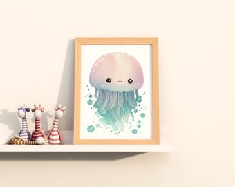 Lámina infantil de acuarela de medusas kawaii, arte de animales bebés
