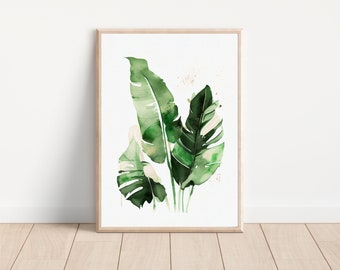 Op de afbeelding: Een aquarel schilderij van drie groene bananenbladeren op een witte achtergrond. De bladeren zijn geschilderd in een realistische stijl met subtiele details en een licht, luchtig gevoel.