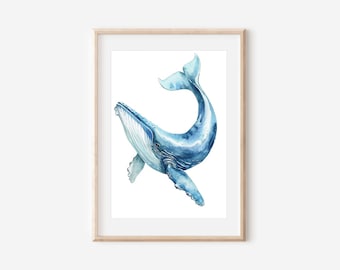 Humpback Whale Watercolor Print, Coastal Nursery Art