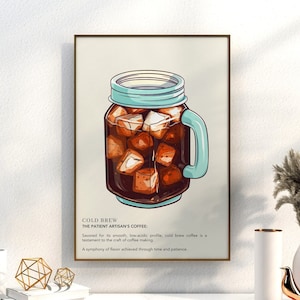 Pode incluir: Impressão emoldurada de um frasco cheio de café frio e cubos de gelo. O frasco tem uma tampa e uma alça turquesa. O texto na impressão diz "COLD BREW" e descreve o perfil do café.