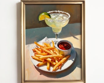 Margarita and French Fries Canvas Print | Funny Demure Mindful Quirky | Cocktail Art Bar Cart Decor | Oil Painting Gift | Dorm Home Wall