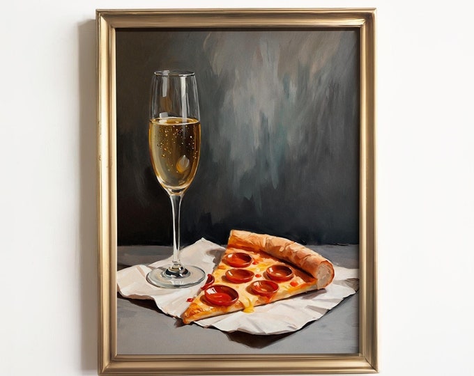 Champagne and Pizza Canvas Print | Demure Mindful Quirky Funny Whimsical | Cocktail Art Bar Cart Decor | Oil Painting Gift | Kitchen Wall