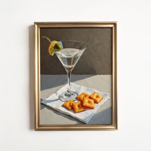 Wydruk z krakersami Martini i serem | Uroczy, dziwaczny, kapryśny | Dekoracja wózka barowego w stylu koktajlowym | Elegancki prezent w postaci obrazu olejnego | Modna ściana kuchenna