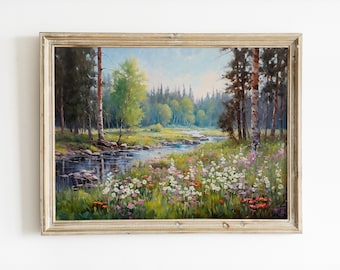 May include: A framed oil painting depicting a forest scene with a river flowing through it. The river is surrounded by lush green trees and wildflowers in shades of pink, white, and purple.