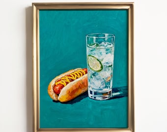 Hot Dog and Gin and Tonic Cocktail Art Print: Framed Original Wall Decor