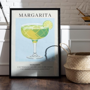 Wydruk artystyczny Margarity | Plakat artystyczny z koktajlem | Prezent dla niej z koktajlem | Znak alkoholowy do baru | Plakat z akwarelowym drinkiem retro | Wózek barowy