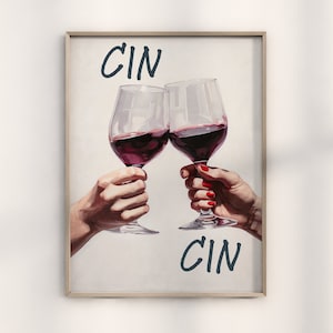 Cheers Red Wine Art Print | Cin Cin Poster | Trendy Italian Kitchen Wall Art | Oil Painting Gift for Wine Lovers | Minimalist Elegant Decor