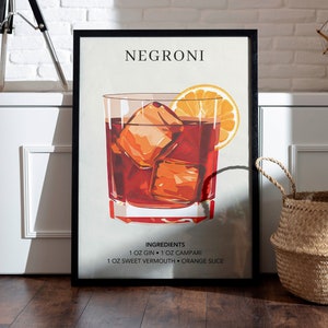 Negroni Kunstdruck | Barwagen Dekor | Cocktail-Poster | Signatur Drink Sign | Trendige minimalistische elegante raffinierte Retro Happy Hour Wand