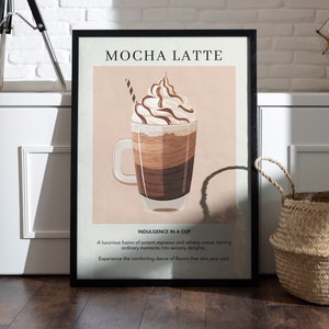 Mocha Latte Poster | Kitchen Cart Decor | Caffeine Coffee Print | Retro Beverage Poster | Minimalist Wall Art Print | Housewarming Gift