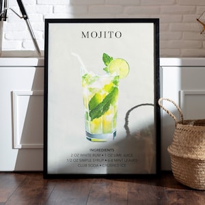 Mojito Art Print / Decoración del carrito de bar / Cartel de arte de cóctel / Regalo de mixología / Alcohol Sign Bar Kitchen / Acuarela Retro Signature Drink
