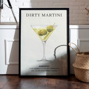 Dirty Martini Kunstdruck | Barwagen Dekor | Cocktail Poster | Mixology Geschenk | Elegante Bar-Küchenwand | Aquarell Retro Signature Drink