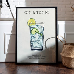 Gin Tonic Kunstdruck | Barwagen Dekor | Cocktail Poster | Mixology Geschenk | Alkohol Schild Bar | Aquarell Retro Signature Drink-Poster