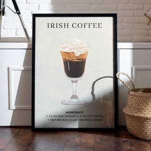 Irish Coffee Art Print | Bar Cart Decor | Cocktail Art Poster | Mixology Gift | Elegant Bar Kitchen Wall | Watercolor Retro Signature Drink