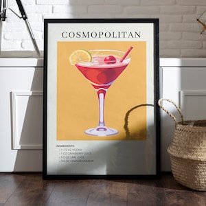 Cosmopolitan Art Print | Plakat z koktajlem artystycznym | Prezent koktajlowy dla niej | Znak alkoholowy do baru | Plakat z akwarelowym drinkiem retro | Dekoracja wózka barowego