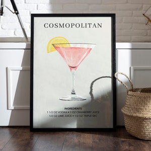 Cosmopolitan Art Print | Bar Cart Decor | Cocktail Art Poster | Vintage Retro Trendy Wall Gift | Alcohol Sign Kitchen | Watercolor Signature