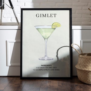 Gimlet Kunstdruck | Barwagen Dekor | Cocktail Kunst Poster | Cocktail Geschenk für Sie | Alkohol Schild für Bar | Aquarell Retro Drink Poster