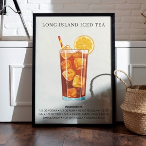 Long Island Iced Tea Art Print | Dekoracja wózka barowego | Plakat ze sztuką koktajlową | Prezent miksologiczny | Znak alkoholowy Bar | Plakat z akwarelowym napojem retro
