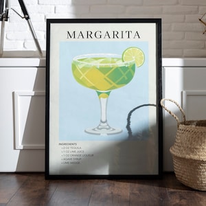 Margarita Art Print | Cocktail Art Poster | Cocktail Mixology Gift for Her | Alcohol Sign for Bar | Watercolor Retro Drink Poster | Bar Cart