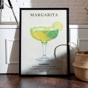 Margarita Print | Bar Cart Decor | Cocktail Art Poster | Mixology Lover Gift | Elegant Minimal Bar Kitchen Wall | Watercolor Retro Signature