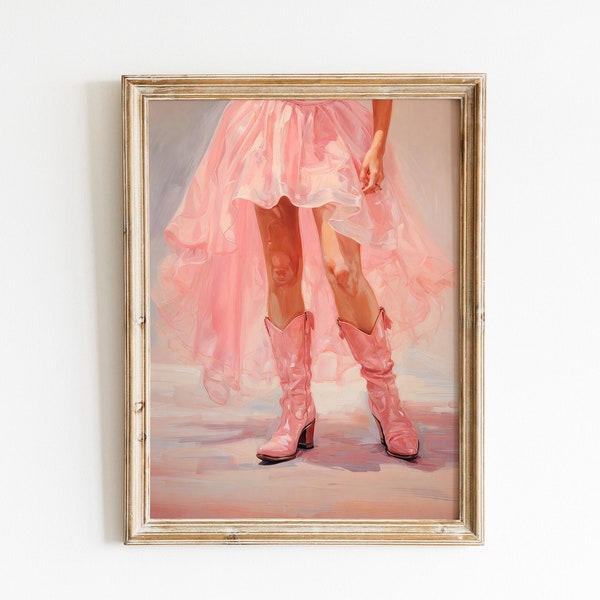 Cowgirl en bottes roses | Décor de cow-girl | Art mural tendance | Imprimé occidental rétro | Peinture de dortoir à la maison | Peinture à l'huile élégante et élégante