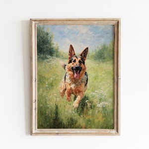 German Shepherd Art Print | Gift for Dog Lovers | Dog Breed Art Painting | Trendy Wall Art Decor | Meadow Field Illustration Landscape